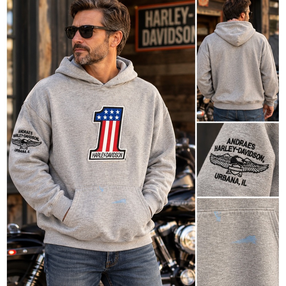 Harley Davidson Hoodie Mens XL Gray #1 American Flag Andrae's Urbana IL
